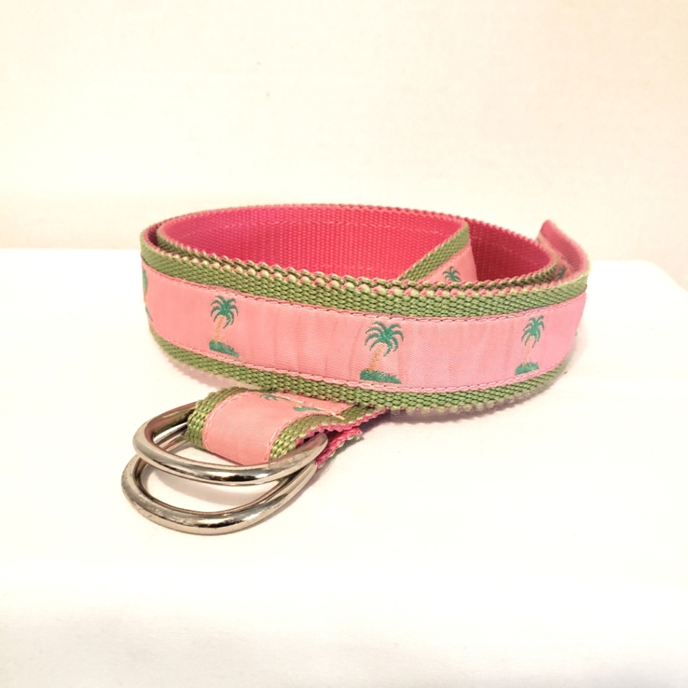 Eliza B. Palm Tree Preppy Ribbon Belt Pink and Green Medium AKA Colors
